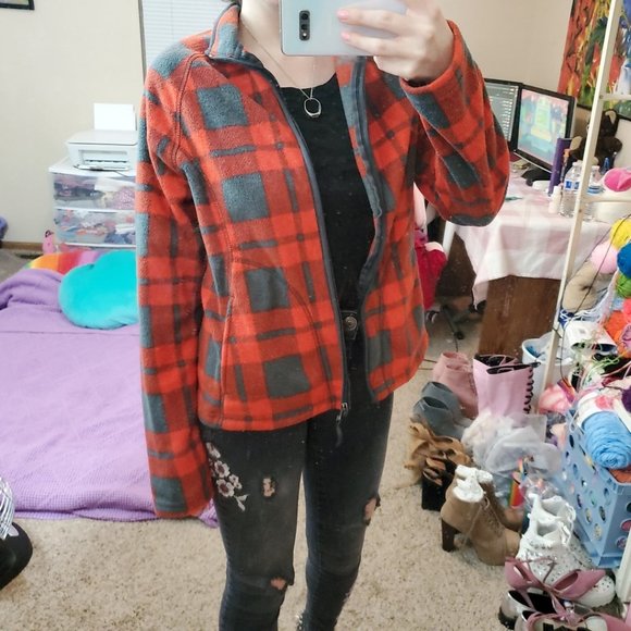 Merona Red & Gray Plaid Fleece Jacket - Picture 2 of 5